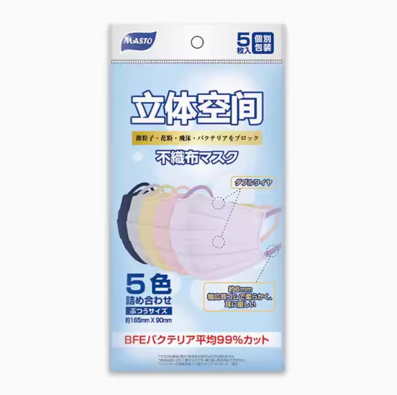 MASTO日本一次性无纺布三层口罩彩色5枚 16.5*9cm